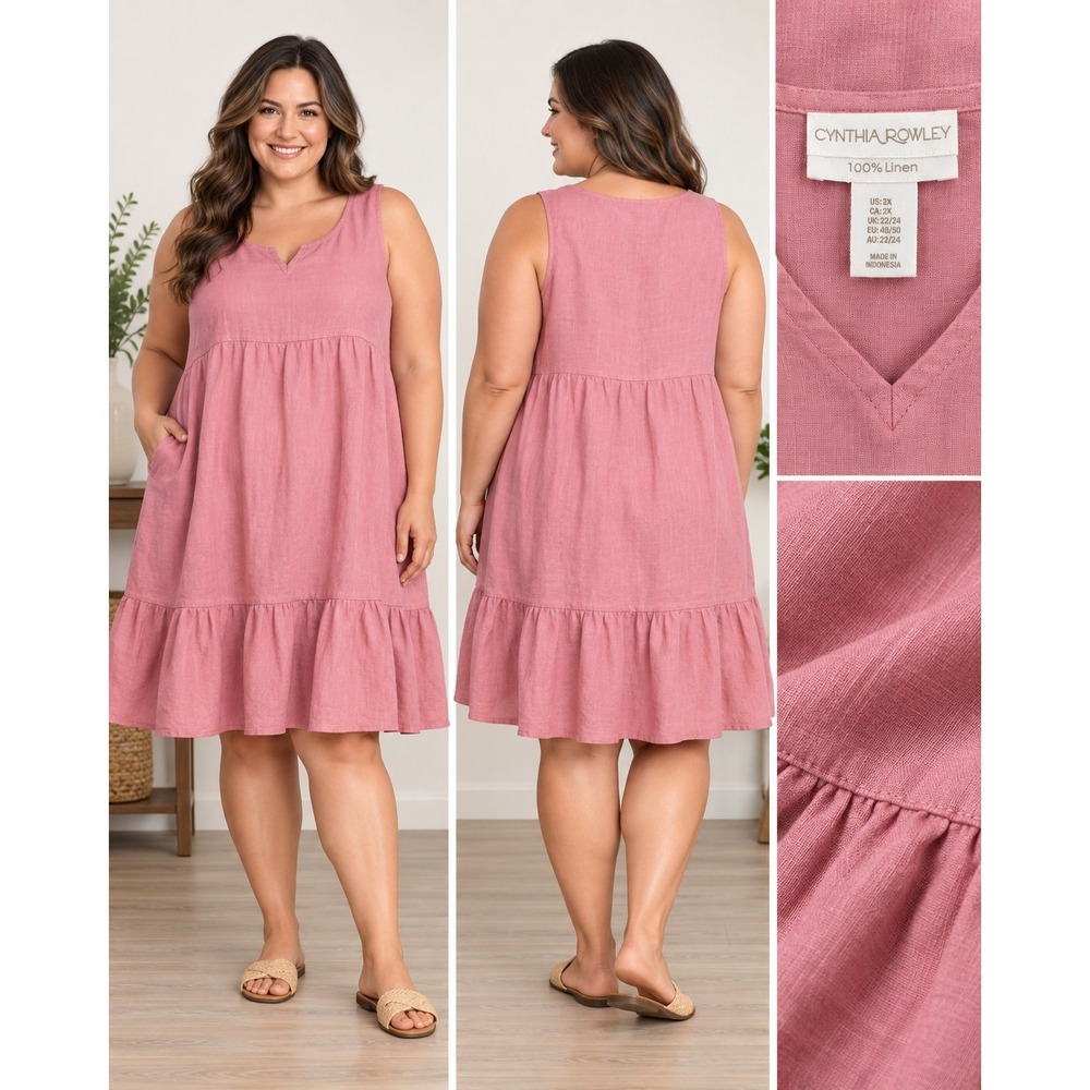 Cynthia Rowley Pink 100% Linen Sleeveless Tiered V-Neck Mini Dress Plus Size 2X